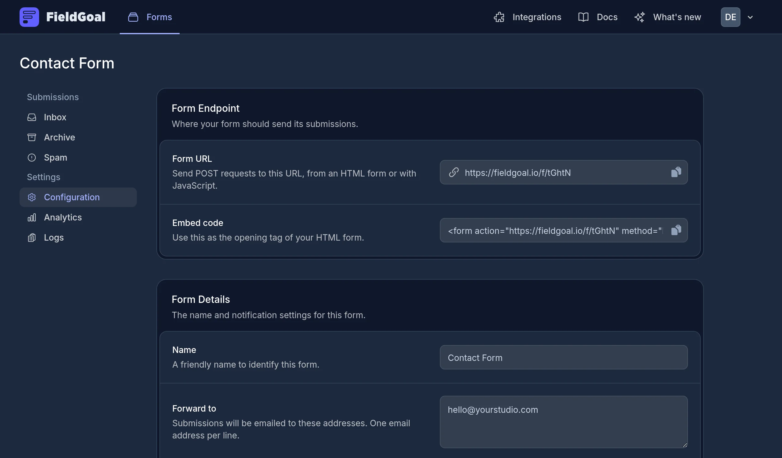 The redesigned form configuration page (dark mode)