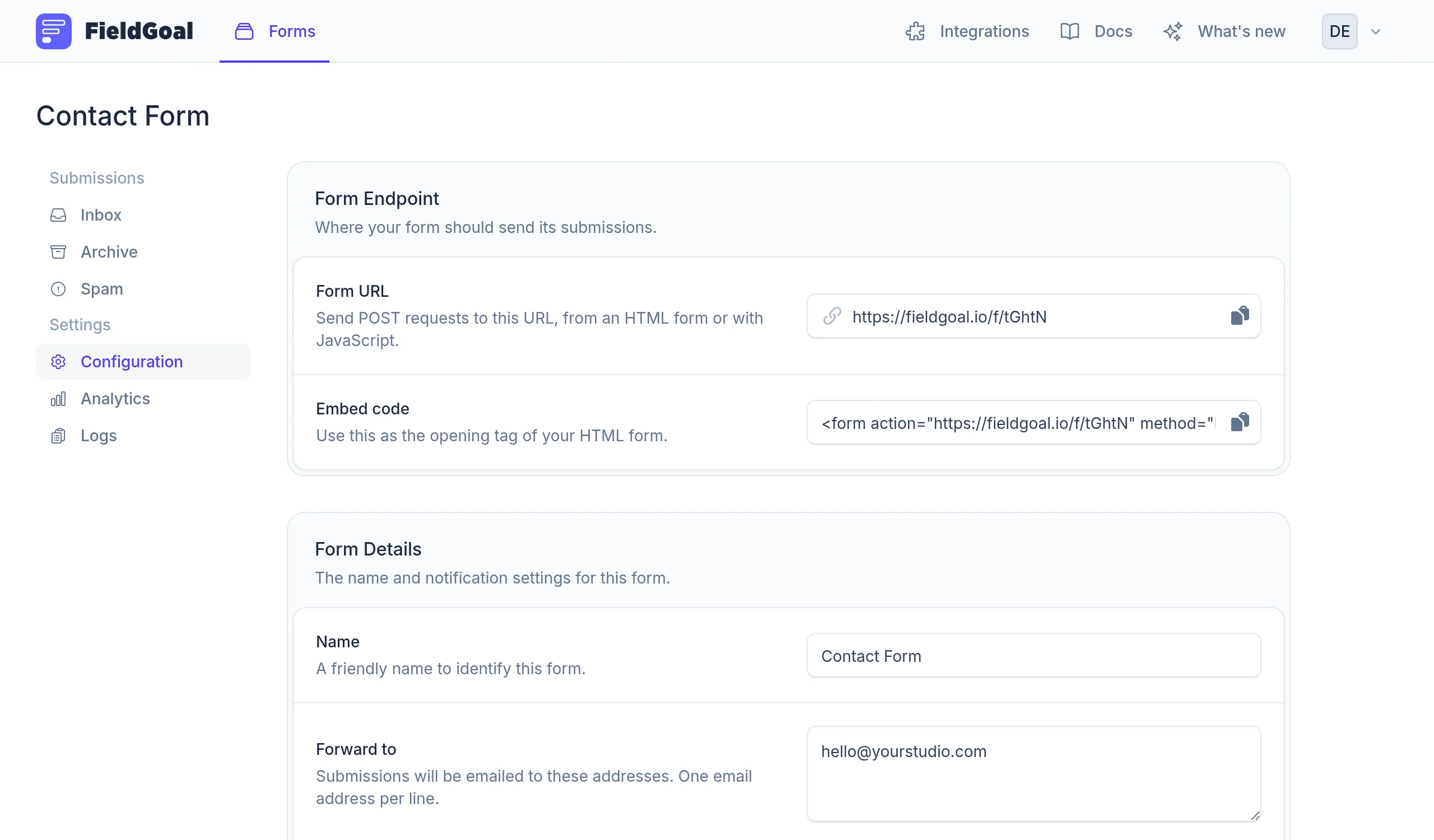 The redesigned form configuration page (light mode)