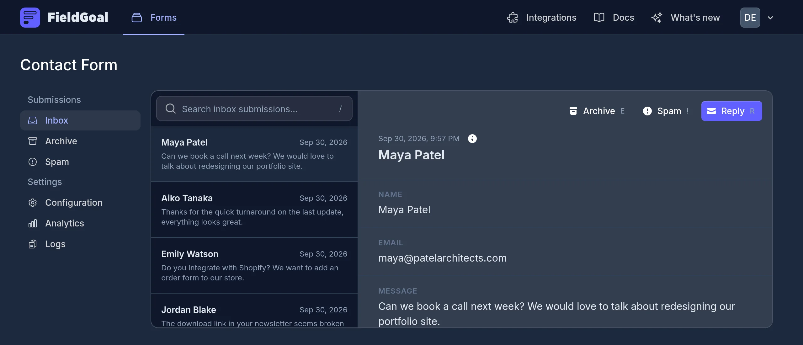 A FieldGoal form inbox showing a list of contact form submissions next to the selected submission's details