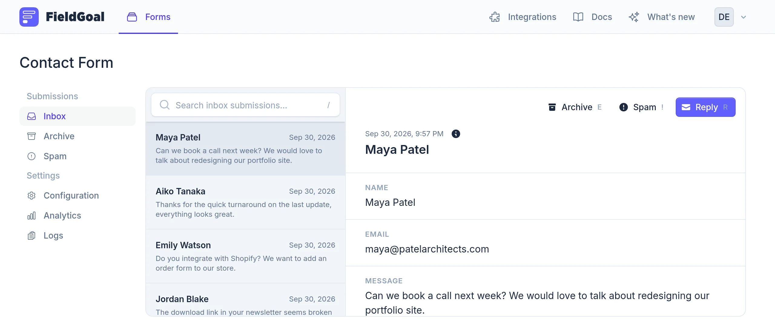 A FieldGoal form inbox showing a list of contact form submissions next to the selected submission's details